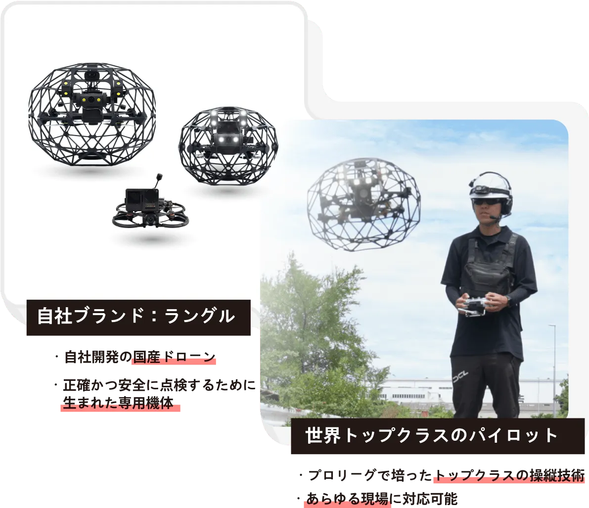 自社ブランド:ラングル ・自社開発の国産ドローン ・正確かつ安全に点検するために生まれた専用機体 世界トップクラスのパイロット ・プロリーグで培ったトップクラスの操縦技術 ・あらゆる現場に対応可能